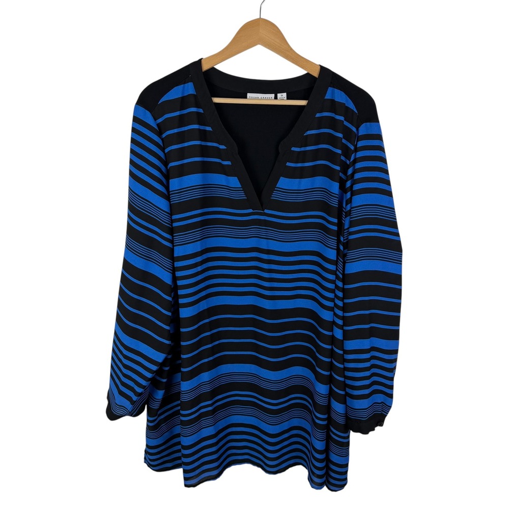 Susan Graver Blue Black Striped Mixed Media‎ Tunic Top Size 3X Stretch Comfy